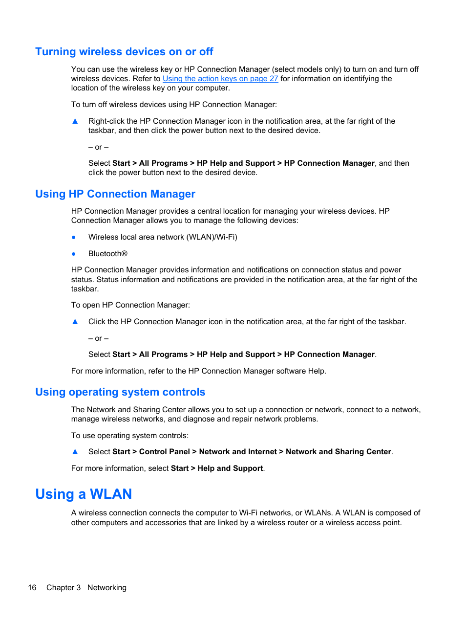 Turning wireless devices on or off, Using hp connection manager, Using operating system controls | Using a wlan | HP Folio 13-1035nr Notebook PC User Manual | Page 26 / 85