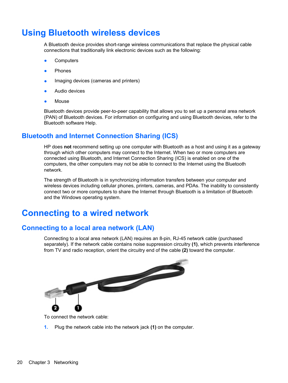 Using bluetooth wireless devices, Bluetooth and internet connection sharing (ics), Connecting to a wired network | Connecting to a local area network (lan) | HP Folio 13-1035nr Notebook PC User Manual | Page 30 / 85