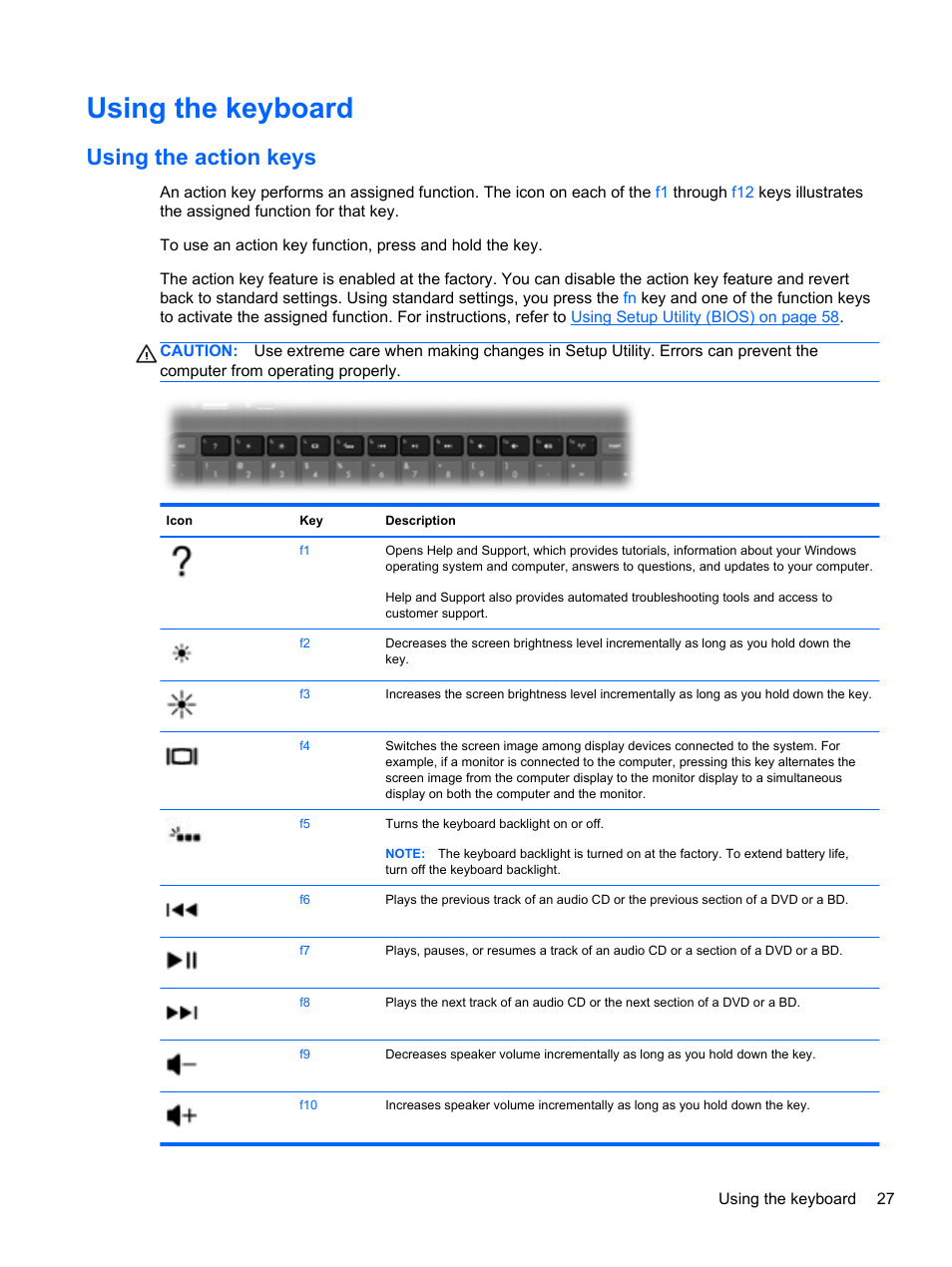 Using the keyboard, Using the action keys | HP Folio 13-1035nr Notebook PC User Manual | Page 37 / 85