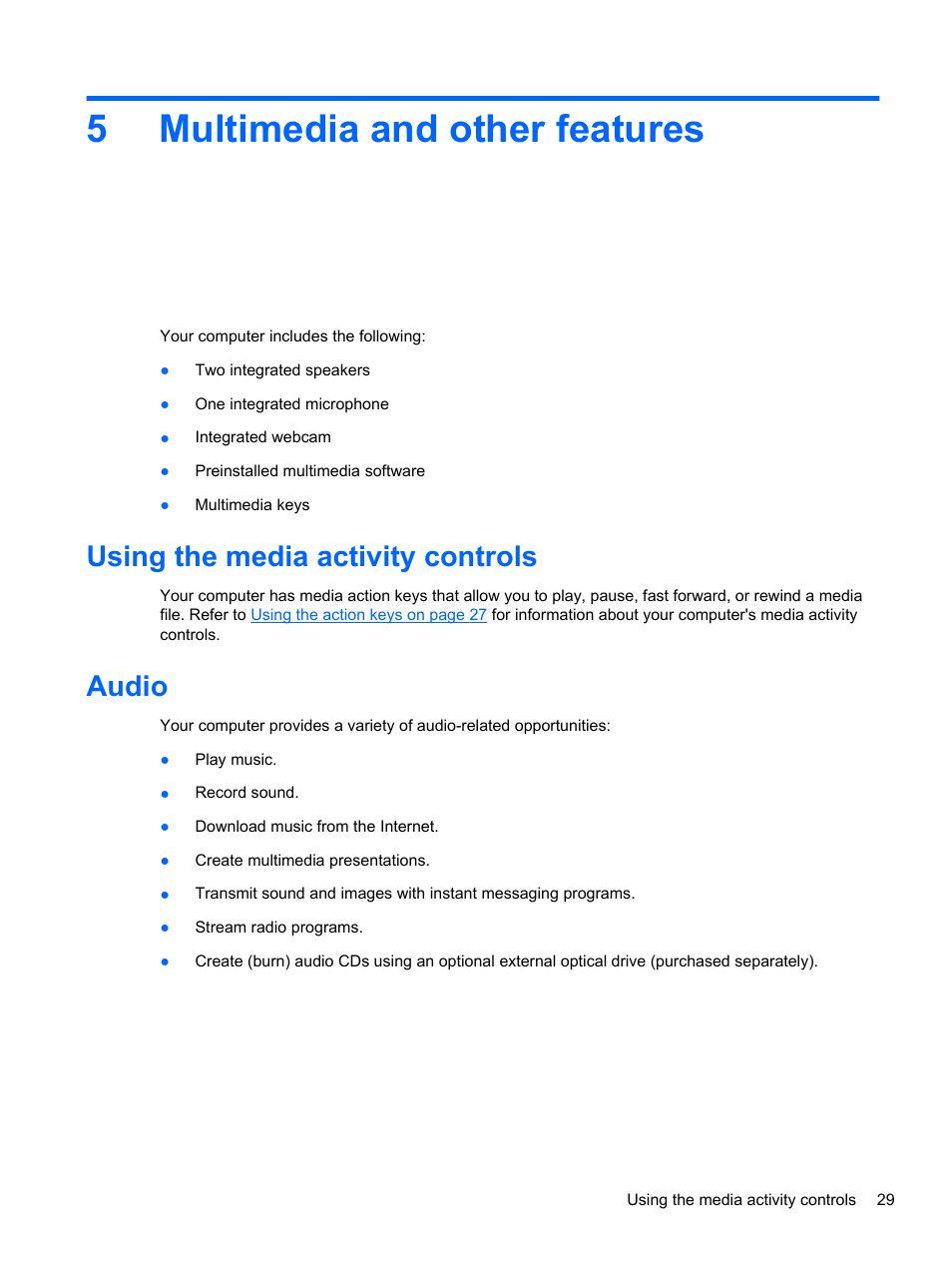 Multimedia and other features, Using the media activity controls, Audio | 5 multimedia and other features, Using the media activity controls audio, 5multimedia and other features | HP Folio 13-1035nr Notebook PC User Manual | Page 39 / 85