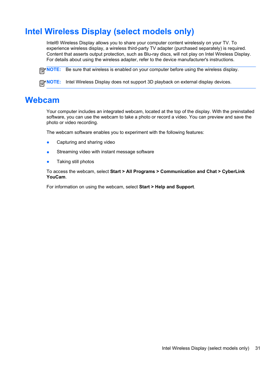 Intel wireless display (select models only), Webcam, Intel wireless display (select models only) webcam | HP Folio 13-1035nr Notebook PC User Manual | Page 41 / 85