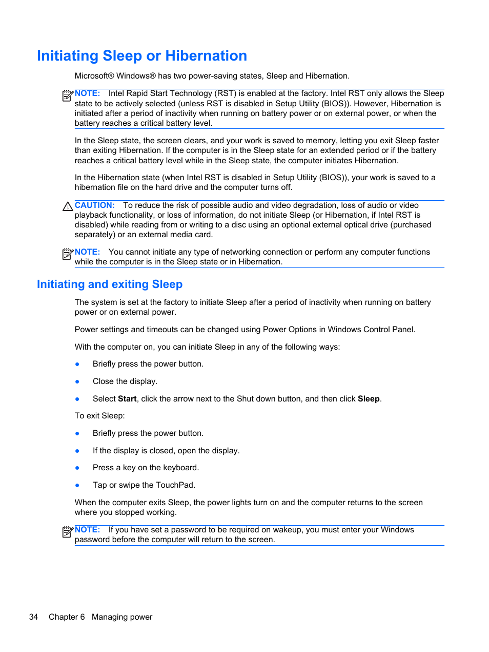 Initiating sleep or hibernation, Initiating and exiting sleep | HP Folio 13-1035nr Notebook PC User Manual | Page 44 / 85