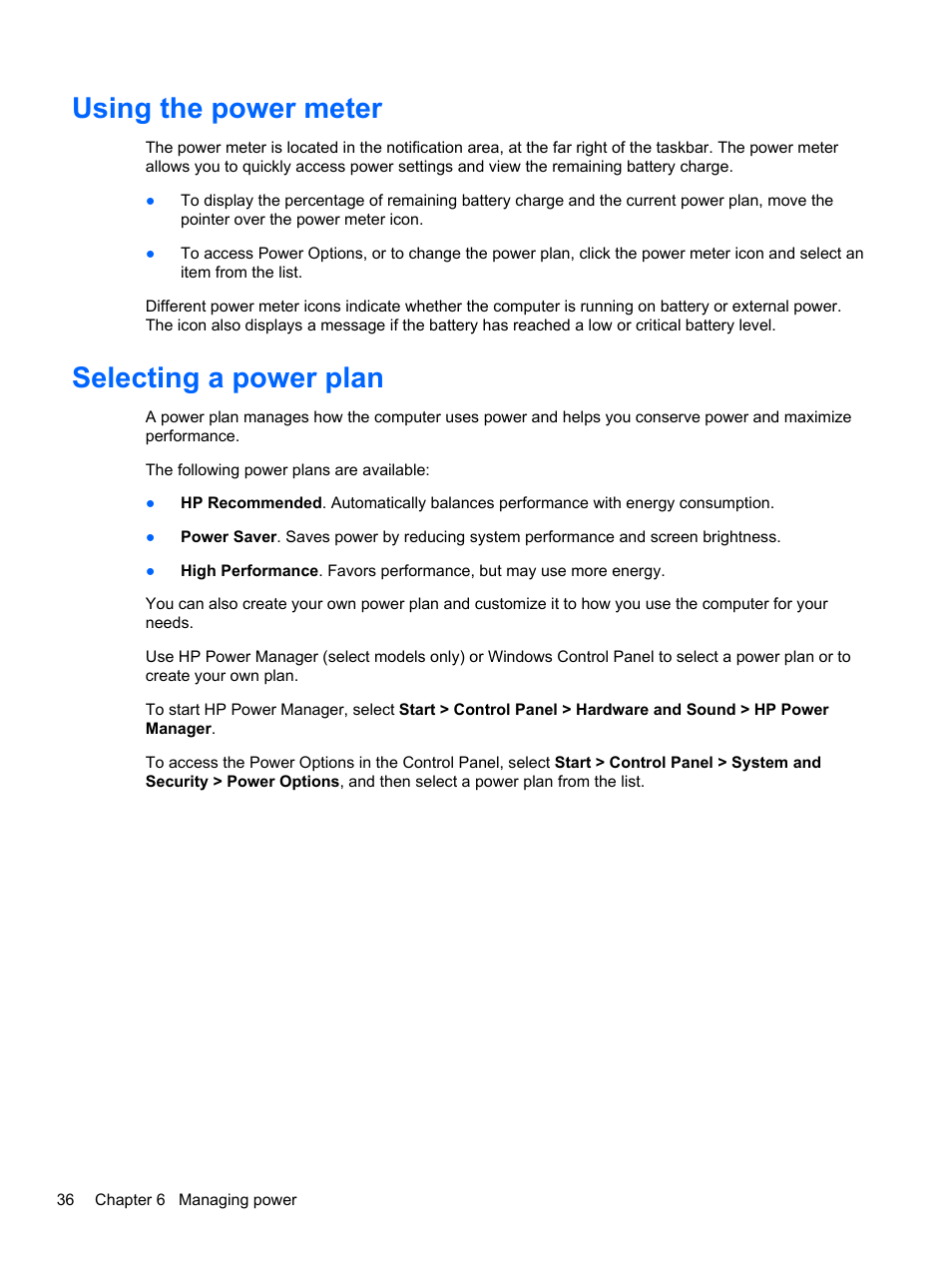 Using the power meter, Selecting a power plan, Using the power meter selecting a power plan | HP Folio 13-1035nr Notebook PC User Manual | Page 46 / 85