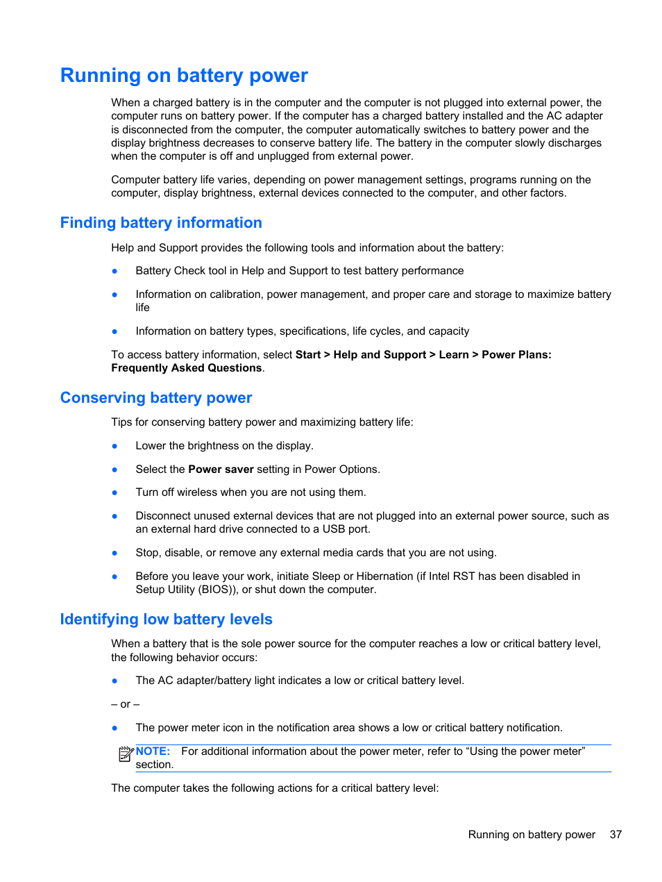 Running on battery power, Finding battery information, Conserving battery power | Identifying low battery levels | HP Folio 13-1035nr Notebook PC User Manual | Page 47 / 85