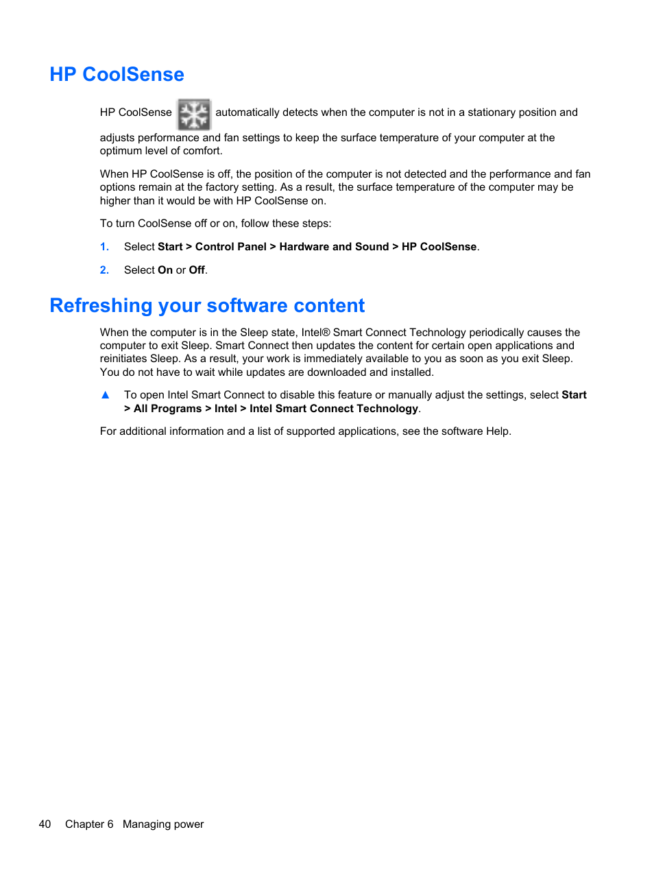 Hp coolsense, Refreshing your software content, Hp coolsense refreshing your software content | HP Folio 13-1035nr Notebook PC User Manual | Page 50 / 85