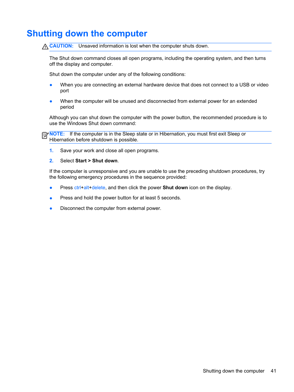 Shutting down the computer | HP Folio 13-1035nr Notebook PC User Manual | Page 51 / 85