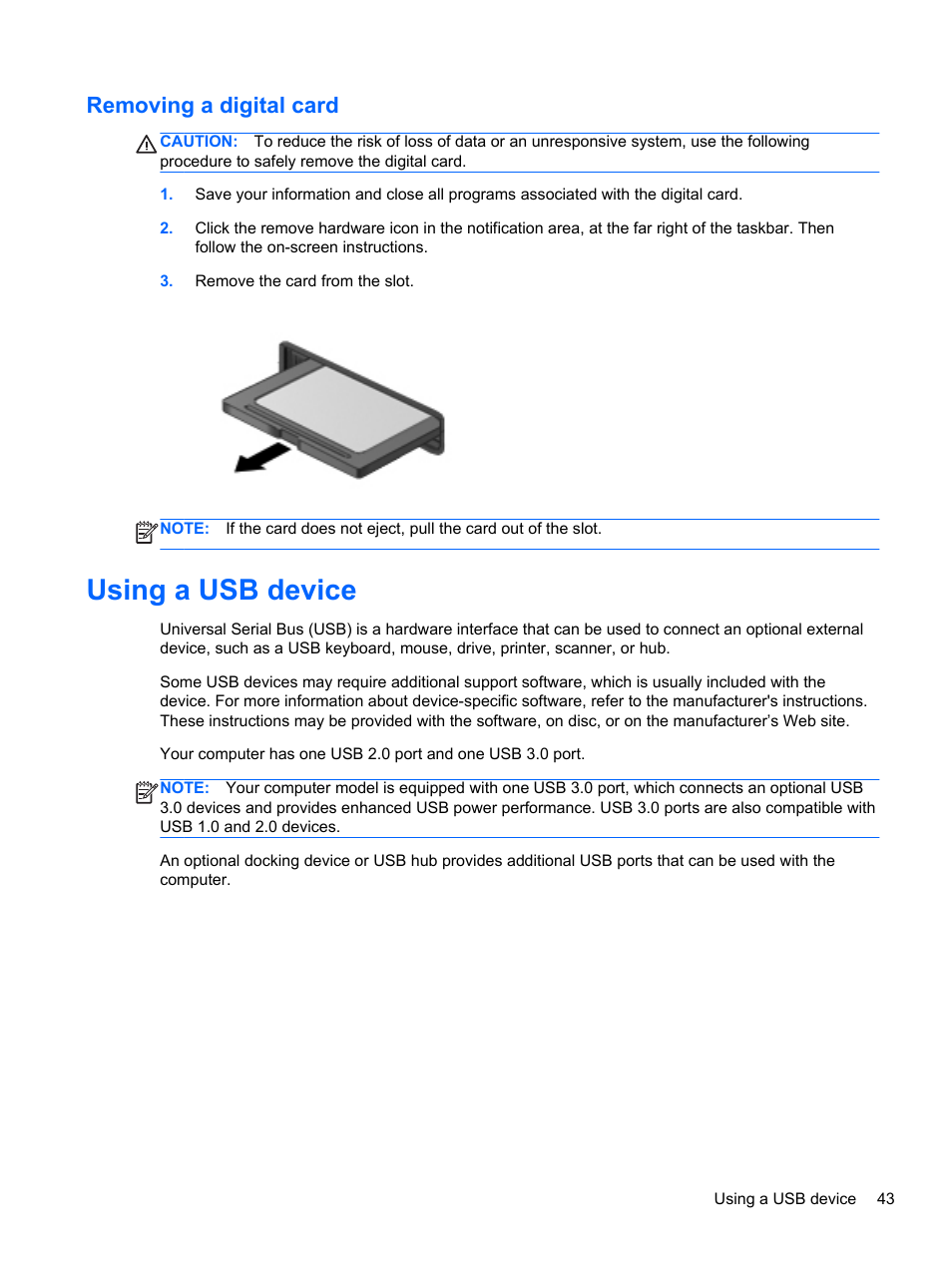 Removing a digital card, Using a usb device | HP Folio 13-1035nr Notebook PC User Manual | Page 53 / 85