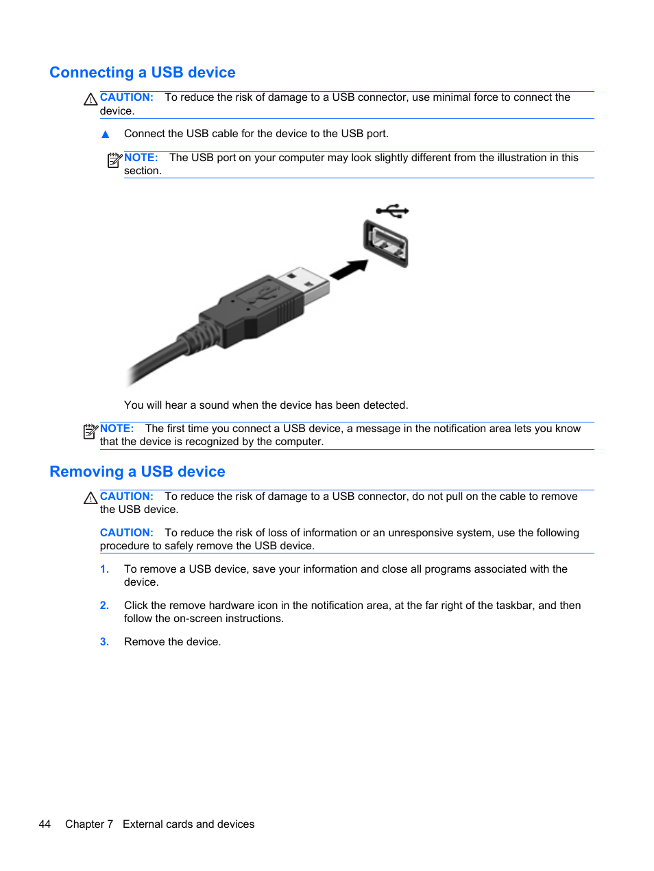 Connecting a usb device, Removing a usb device, Connecting a usb device removing a usb device | HP Folio 13-1035nr Notebook PC User Manual | Page 54 / 85