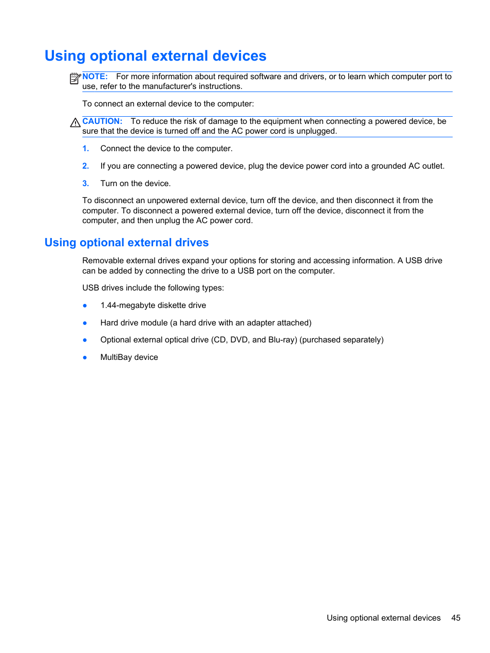 Using optional external devices, Using optional external drives | HP Folio 13-1035nr Notebook PC User Manual | Page 55 / 85