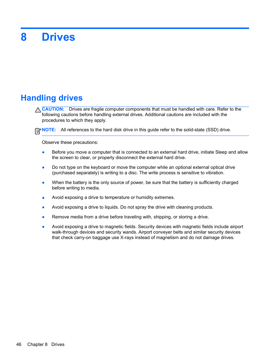 Drives, Handling drives, 8 drives | 8drives | HP Folio 13-1035nr Notebook PC User Manual | Page 56 / 85