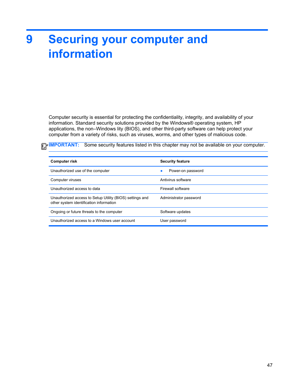 Securing your computer and information, 9 securing your computer and information, Ion, refer to | Securing your computer and, 9securing your computer and information | HP Folio 13-1035nr Notebook PC User Manual | Page 57 / 85