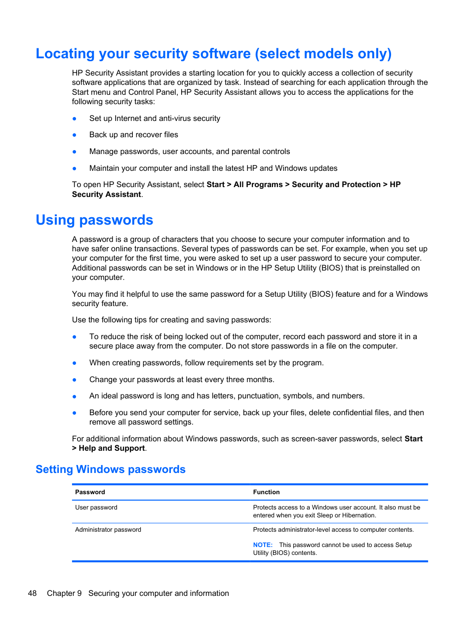 Using passwords, Setting windows passwords | HP Folio 13-1035nr Notebook PC User Manual | Page 58 / 85