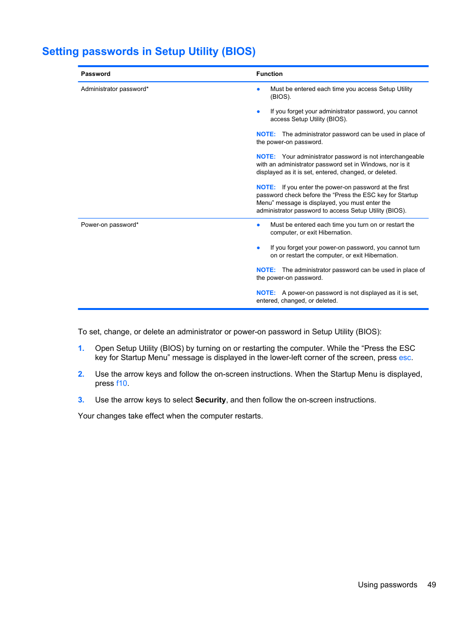 Setting passwords in setup utility (bios) | HP Folio 13-1035nr Notebook PC User Manual | Page 59 / 85