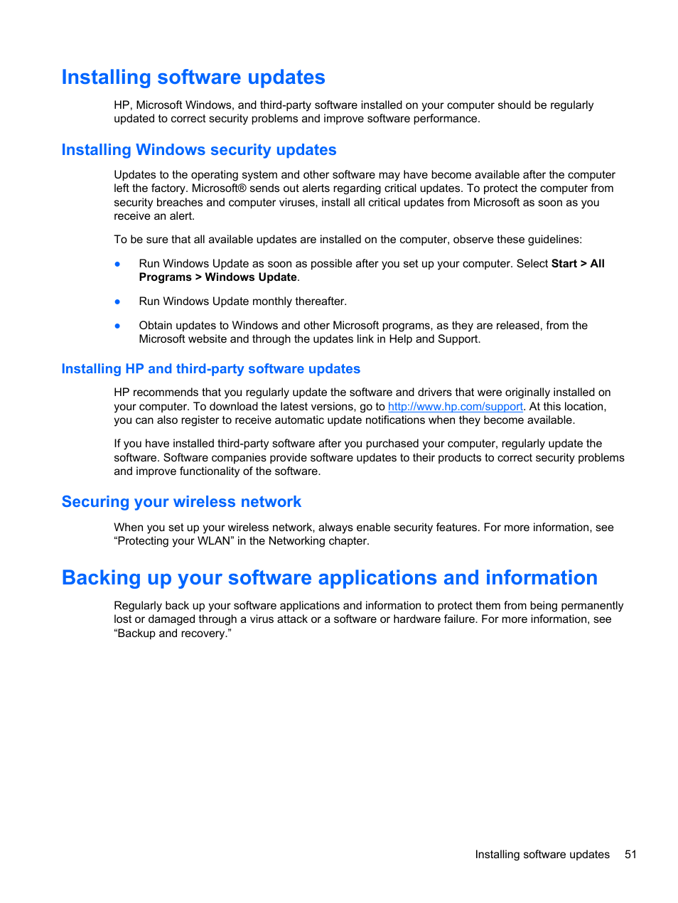 Installing software updates, Installing windows security updates, Installing hp and third-party software updates | Securing your wireless network | HP Folio 13-1035nr Notebook PC User Manual | Page 61 / 85