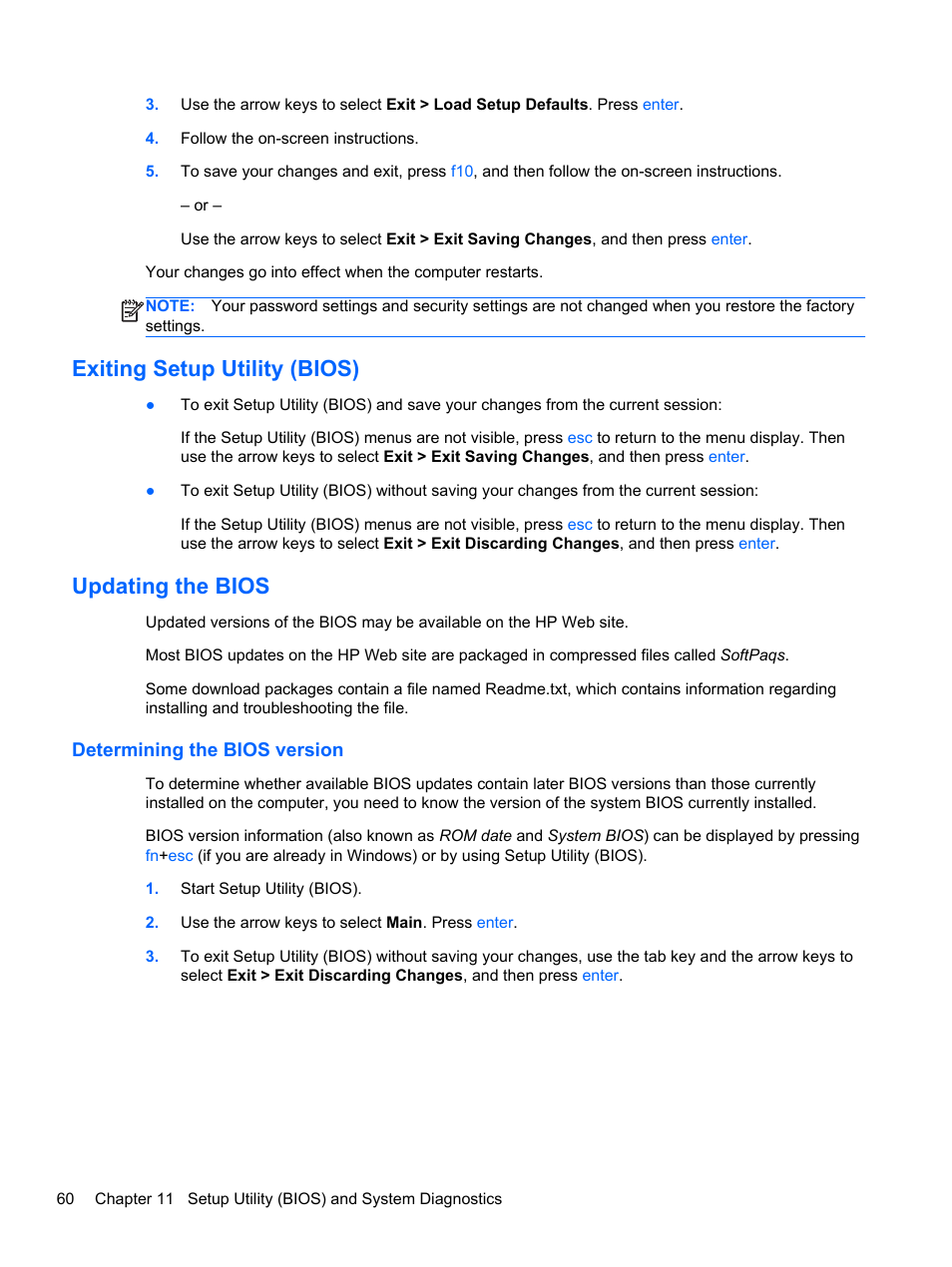 Exiting setup utility (bios), Updating the bios, Determining the bios version | Exiting setup utility (bios) updating the bios | HP Folio 13-1035nr Notebook PC User Manual | Page 70 / 85