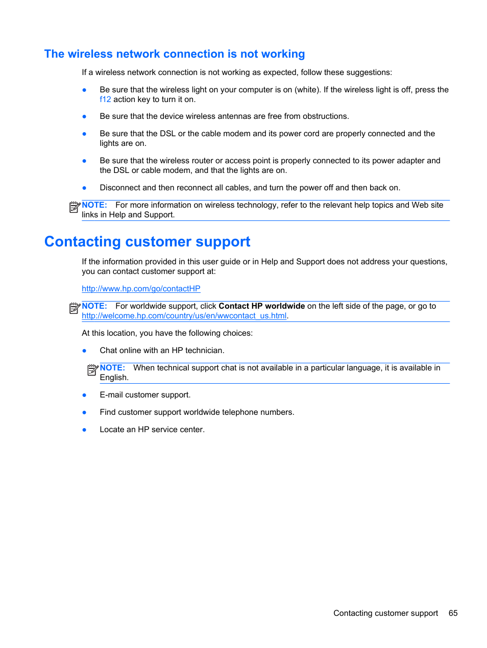 The wireless network connection is not working, Contacting customer support | HP Folio 13-1035nr Notebook PC User Manual | Page 75 / 85