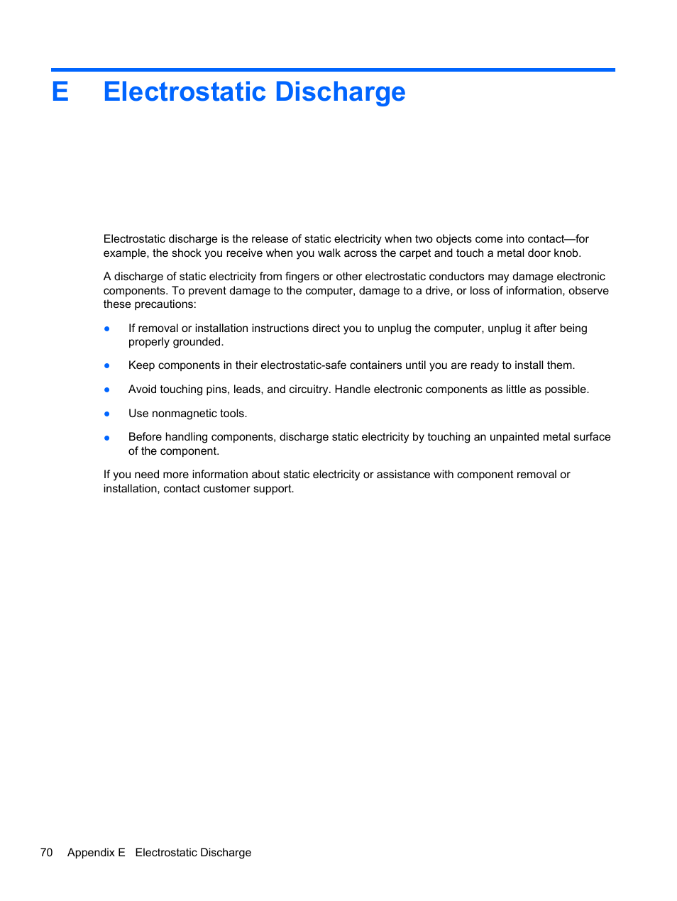 Electrostatic discharge, Appendix e electrostatic discharge, Eelectrostatic discharge | HP Folio 13-1035nr Notebook PC User Manual | Page 80 / 85