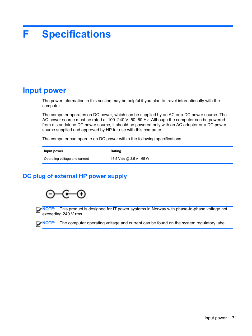 Specifications, Input power, Dc plug of external hp power supply | Appendix f specifications, Fspecifications | HP Folio 13-1035nr Notebook PC User Manual | Page 81 / 85