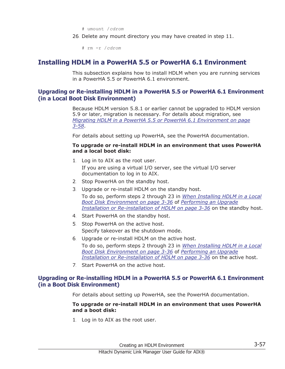 Environment (in a local boot disk environment) -57, Environment (in a boot disk environment) -57, Installing | Installing hdlm in a powerha 5.5 or | HP XP Racks User Manual | Page 119 / 460