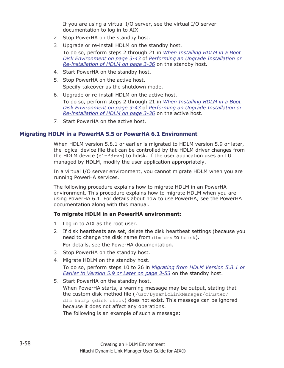 Migrating hdlm in a powerha 5.5 or powerha 6.1 | HP XP Racks User Manual | Page 120 / 460