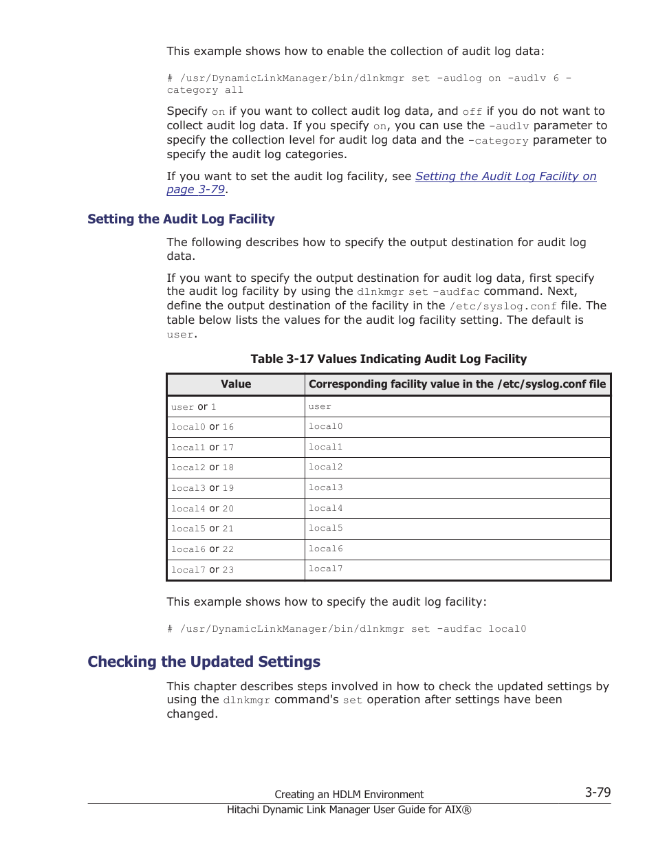Checking the updated settings, Setting the audit log facility -79, Checking the updated settings -79 | HP XP Racks User Manual | Page 141 / 460
