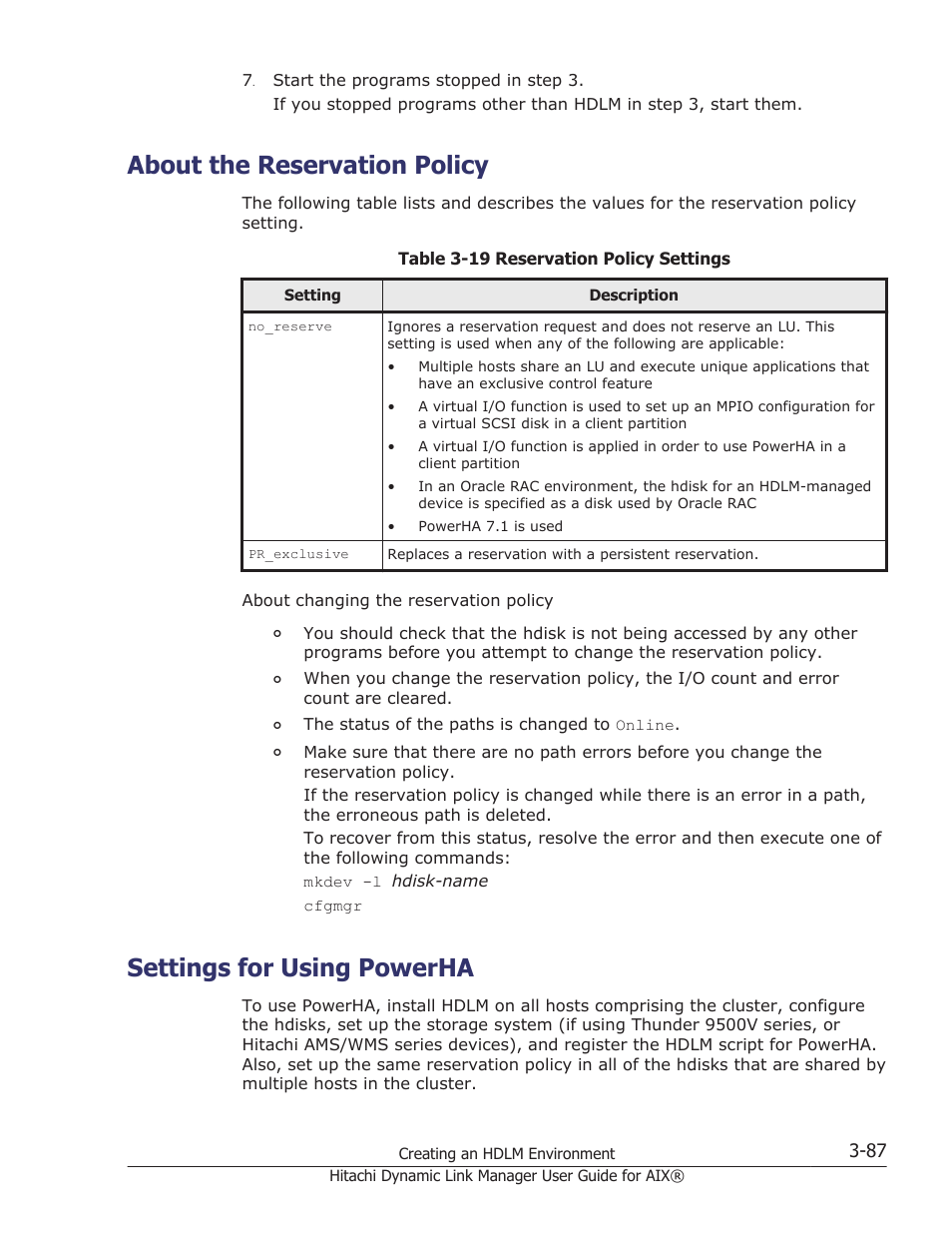 About the reservation policy, Settings for using powerha, About the reservation policy -87 | Settings for using powerha -87, For details on reservation policy, see, About the reservation policy on, For powerha, Settings for using powerha on | HP XP Racks User Manual | Page 149 / 460