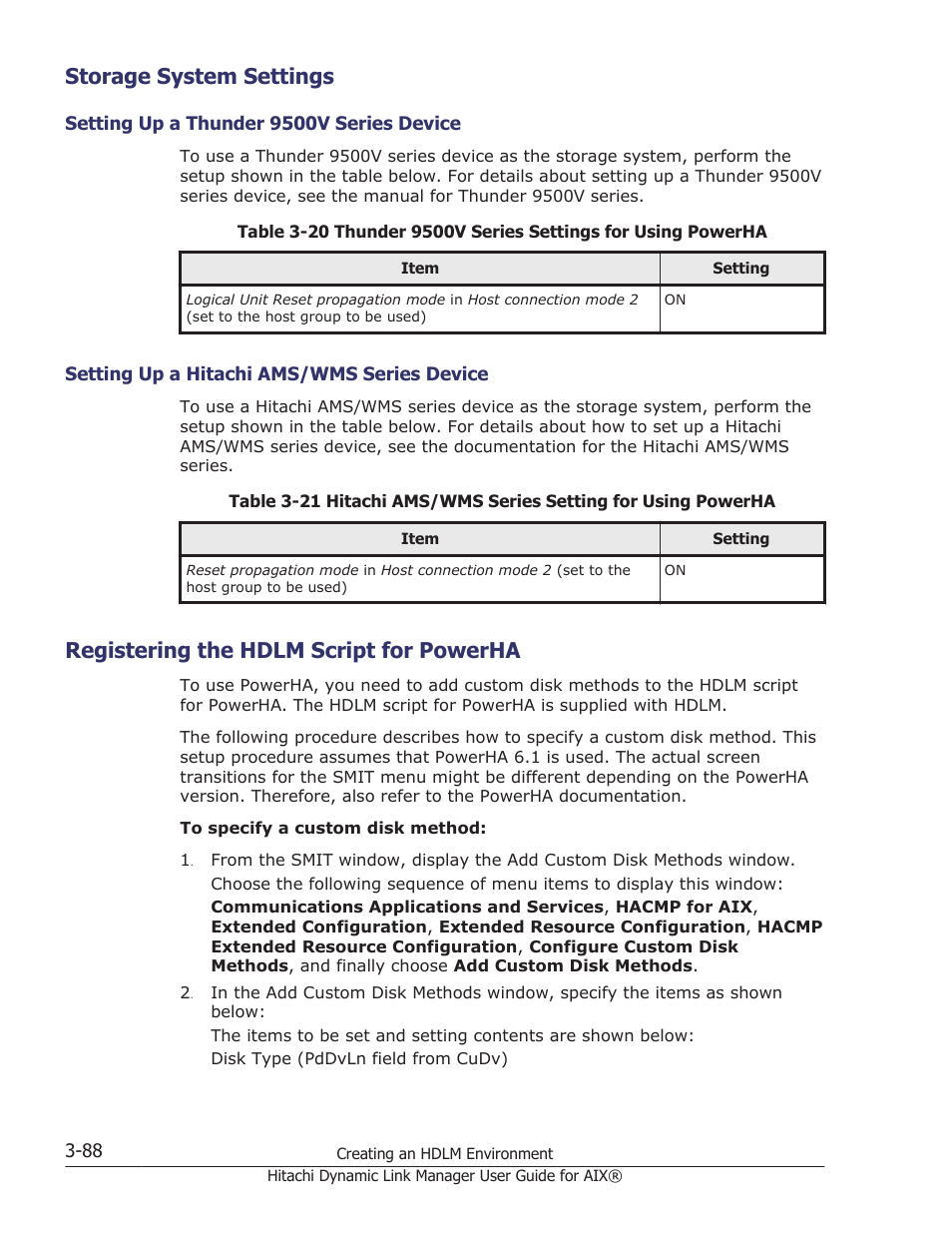 Storage system settings, Registering the hdlm script for powerha, Storage system settings -88 | Setting up a thunder 9500v series device -88, Setting up a hitachi ams/wms series device -88, Registering the hdlm script for powerha -88, To do so, perform the procedure described in, Registering the hdlm script | HP XP Racks User Manual | Page 150 / 460