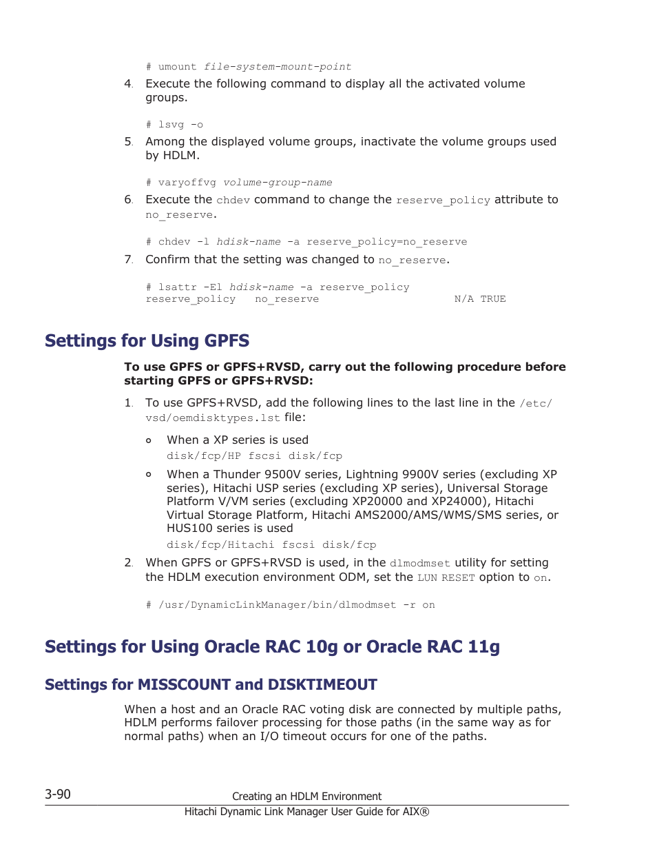 Settings for using gpfs, Settings for misscount and disktimeout, Settings for using gpfs -90 | Settings for misscount and disktimeout -90, For oracle rac 10g or oracle rac 11g, Settings for using oracle rac 10g | HP XP Racks User Manual | Page 152 / 460