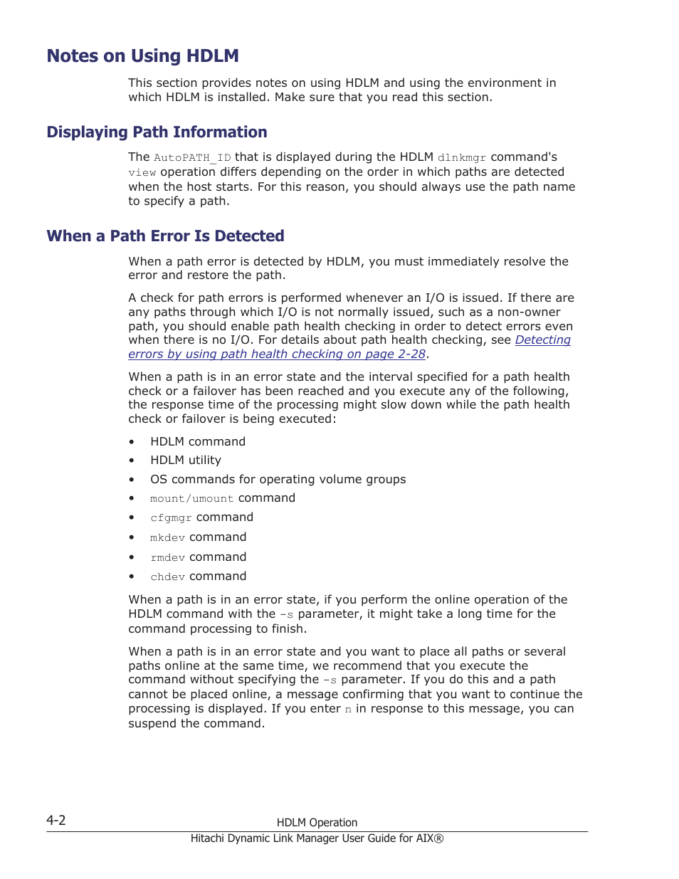 Notes on using hdlm, Displaying path information, When a path error is detected | Notes on using hdlm -2, Displaying path information -2, When a path error is detected -2, Some of the cautionary notes in | HP XP Racks User Manual | Page 168 / 460