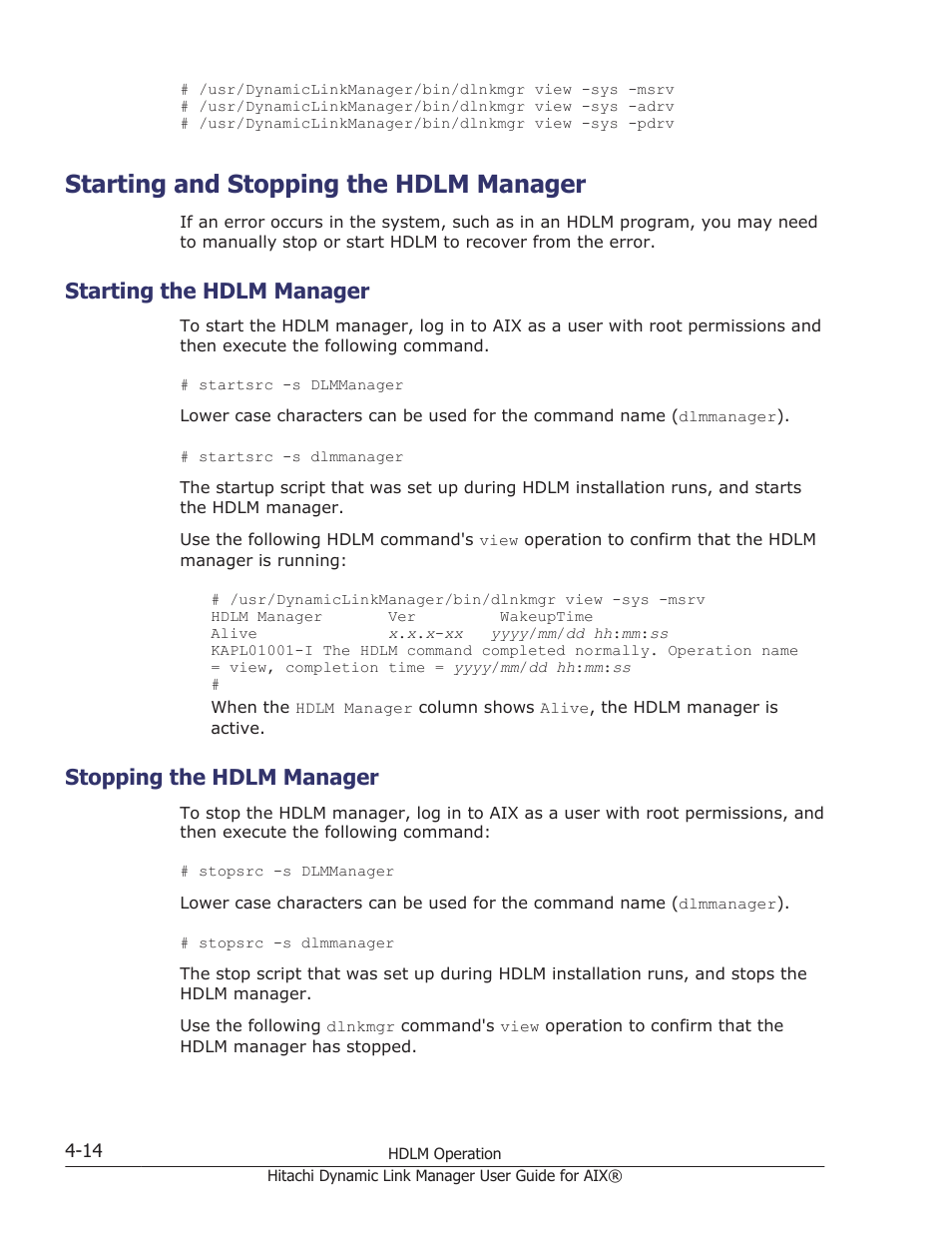 Starting and stopping the hdlm manager, Starting the hdlm manager, Stopping the hdlm manager | Starting and stopping the hdlm manager -14, Starting the hdlm manager -14, Stopping the hdlm manager -14 | HP XP Racks User Manual | Page 180 / 460