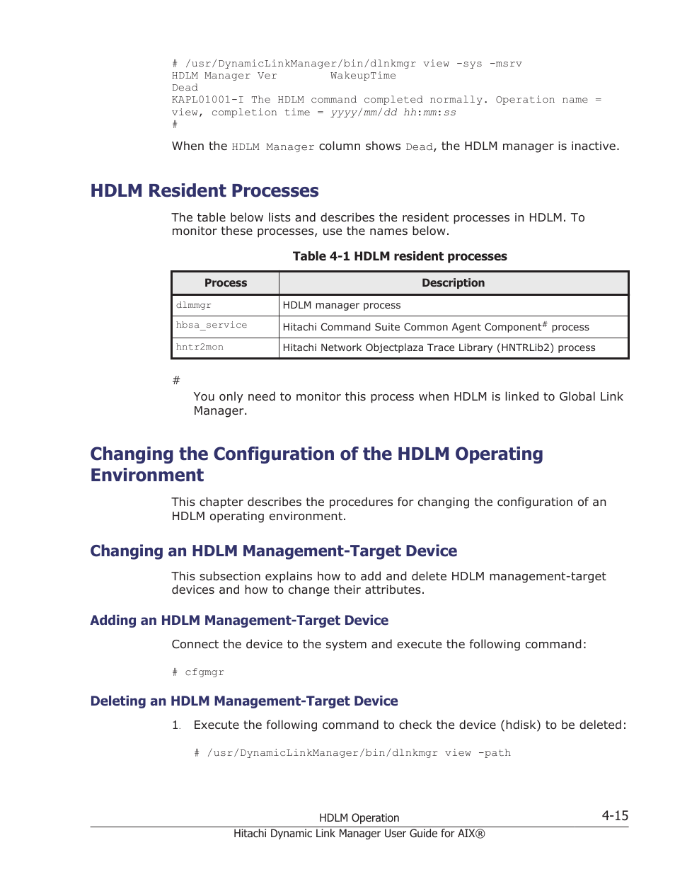 Hdlm resident processes, Changing an hdlm management-target device, Hdlm resident processes -15 | Changing an hdlm management-target device -15, Adding an hdlm management-target device -15, Deleting an hdlm management-target device -15, Contents of, Have changed. for details, see | HP XP Racks User Manual | Page 181 / 460