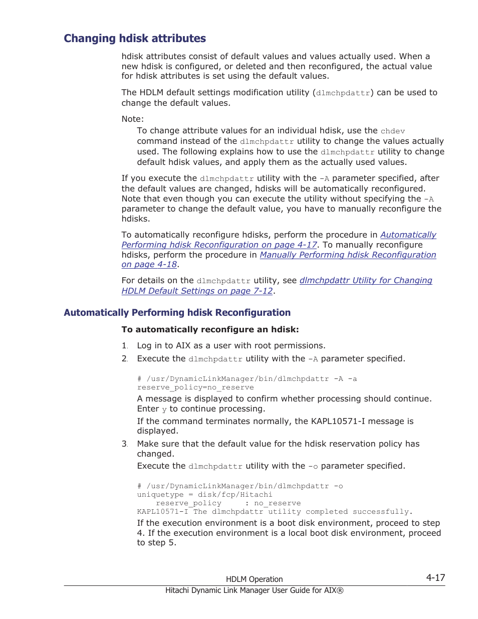 Changing hdisk attributes, Changing hdisk attributes -17, Automatically performing hdisk reconfiguration -17 | HP XP Racks User Manual | Page 183 / 460