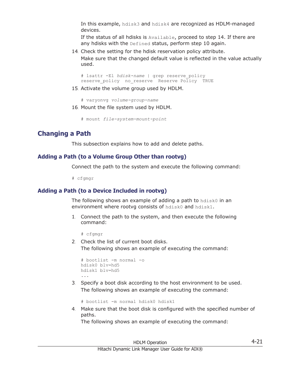 Changing a path, Changing a path -21, Adding a path (to a device included in rootvg) -21 | HP XP Racks User Manual | Page 187 / 460