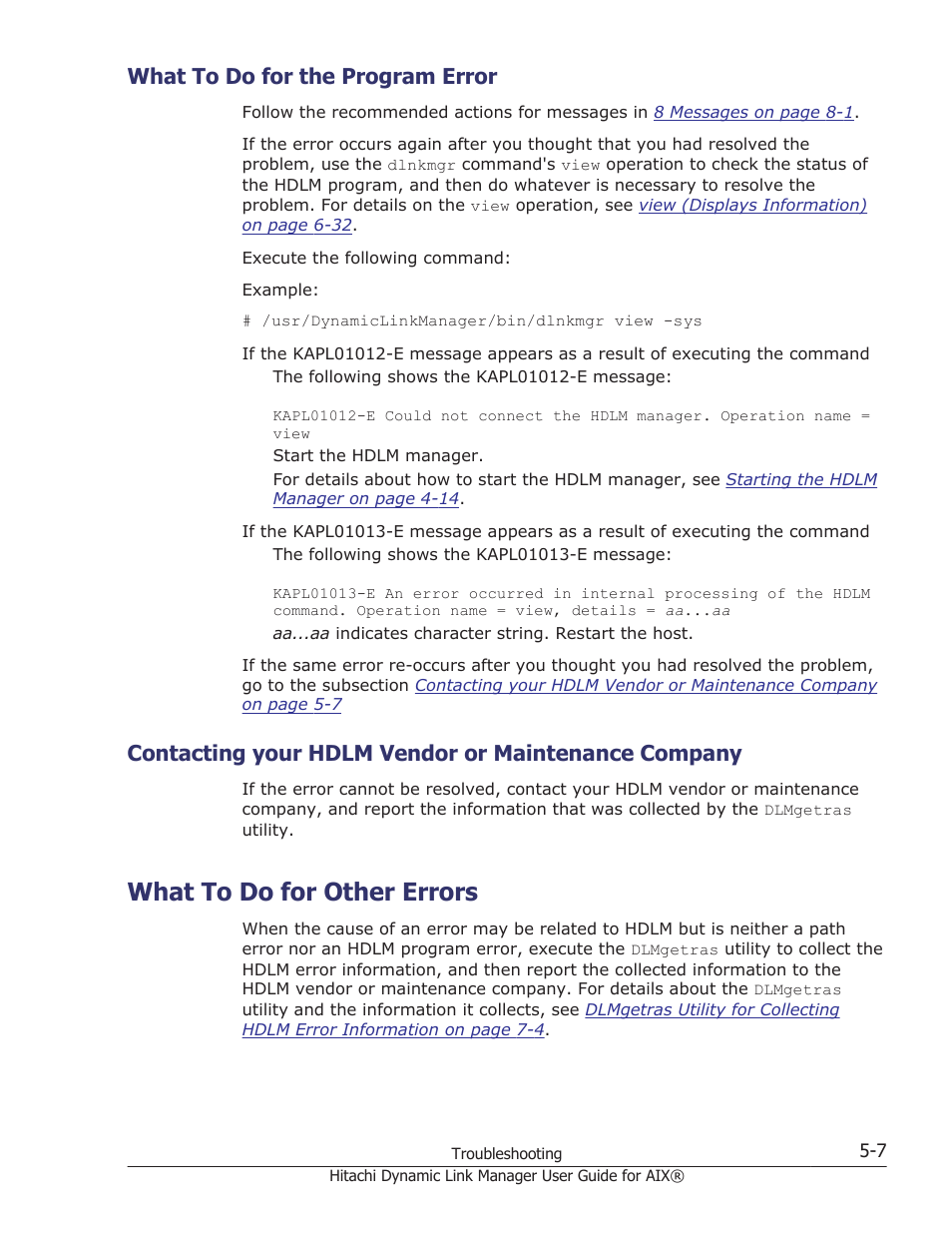 What to do for the program error, Contacting your hdlm vendor or maintenance company, What to do for other errors | What to do for the program error -7, What to do for other errors -7 | HP XP Racks User Manual | Page 205 / 460