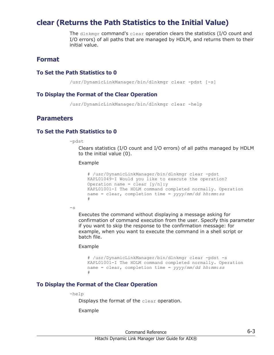 Format, Parameters, Format -3 | To set the path statistics to 0 -3, To display the format of the clear operation -3, Parameters -3, Managed by the hdlm system. for details, see, Clear (returns the path | HP XP Racks User Manual | Page 209 / 460