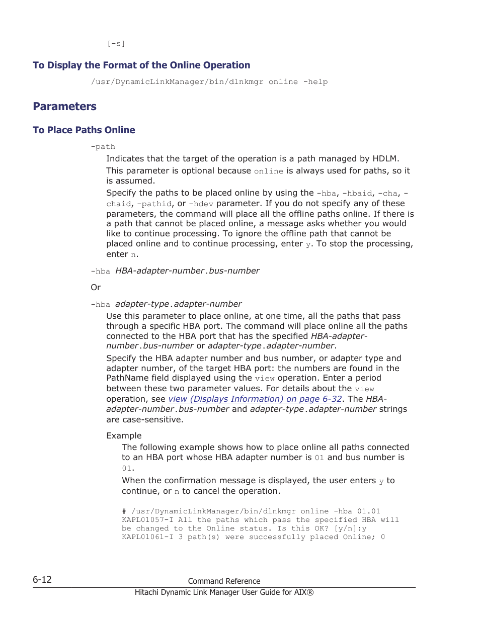 Parameters, To display the format of the online operation -12, Parameters -12 | To place paths online -12 | HP XP Racks User Manual | Page 218 / 460