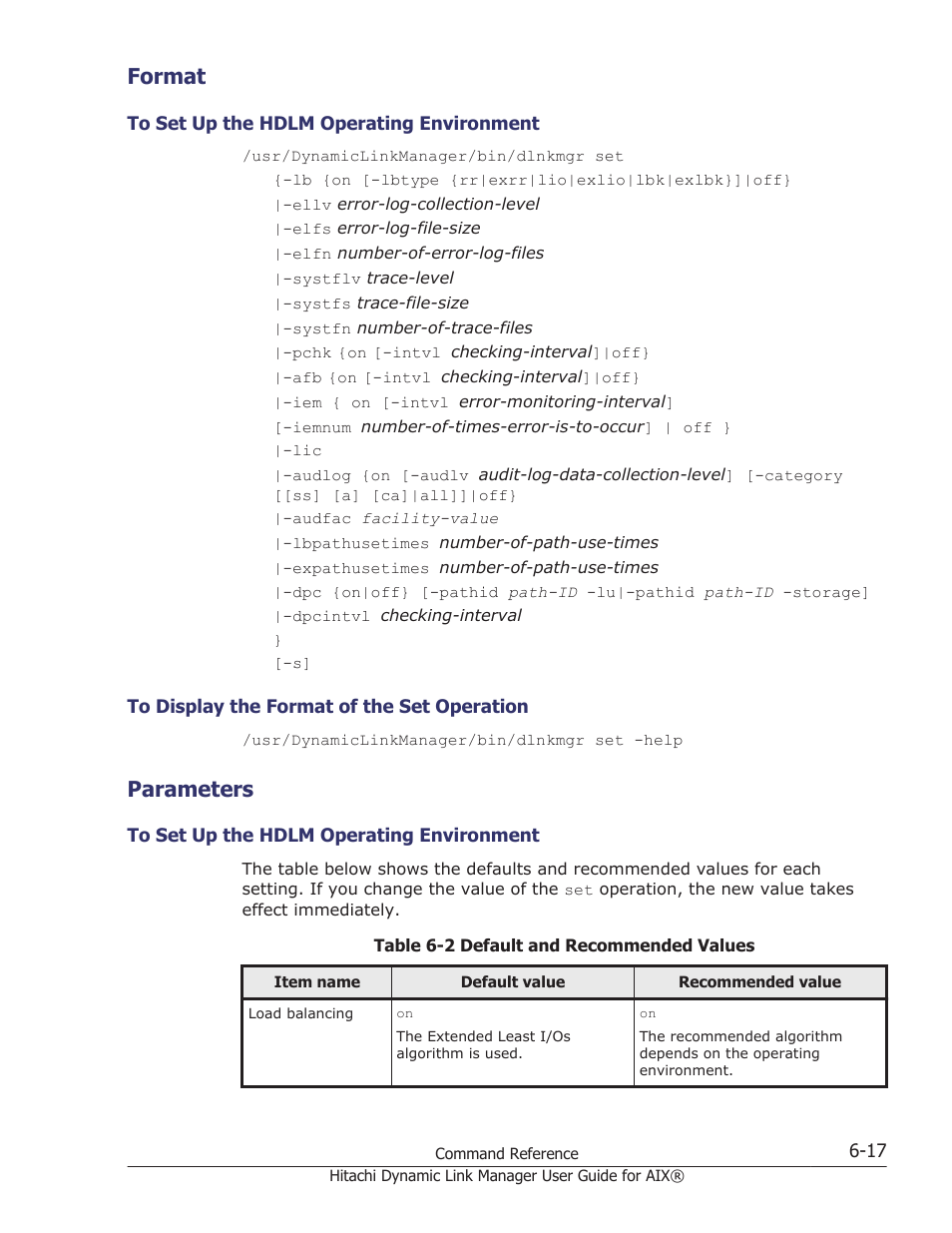 Format, Parameters, Format -17 | To set up the hdlm operating environment -17, To display the format of the set operation -17, Parameters -17 | HP XP Racks User Manual | Page 223 / 460