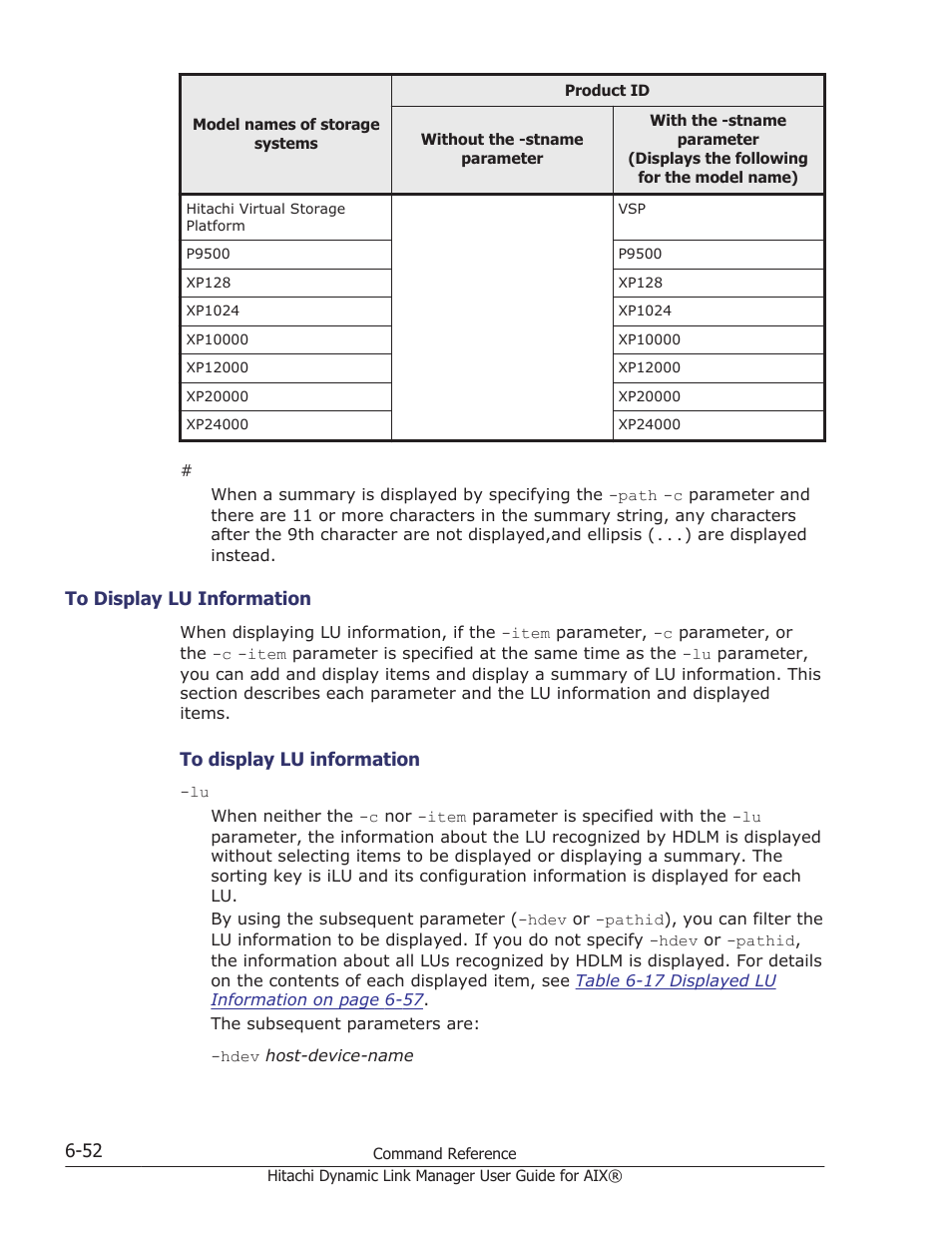 To display lu information -52, Device name and os management path id, see, To display lu information | HP XP Racks User Manual | Page 258 / 460