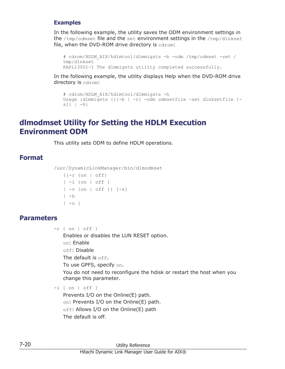 Format, Parameters, Format -20 | Parameters -20, Utility, see, Dlmodmset utility for setting the hdlm execution | HP XP Racks User Manual | Page 292 / 460