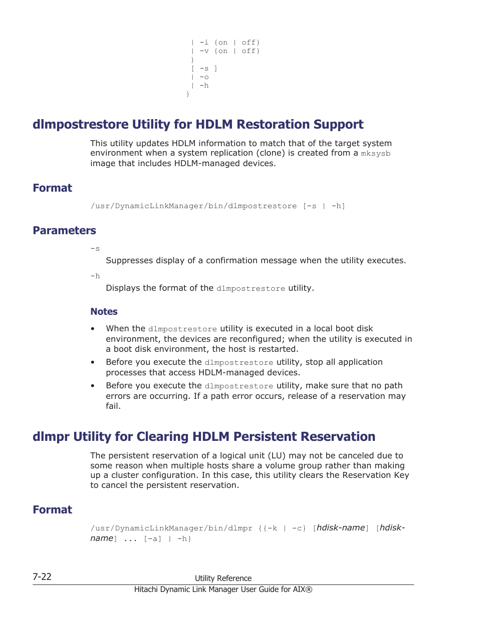 Format, Parameters, Format -22 | Parameters -22, Dlmpr utility for, Utility, see, Dlmpostrestore utility for, Dlmpostrestore utility, Dlmpr utility for clearing hdlm persistent | HP XP Racks User Manual | Page 294 / 460