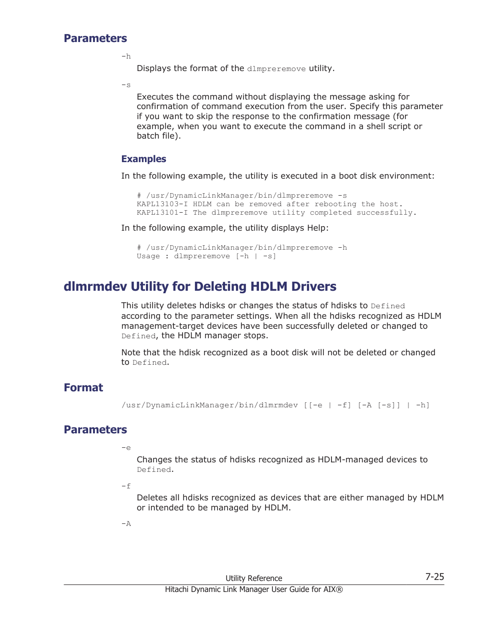 Parameters, Dlmrmdev utility for deleting hdlm drivers, Format | Parameters -25, Dlmrmdev utility for deleting hdlm drivers -25, Format -25, Utility, see, Dlmrmdev utility for deleting | HP XP Racks User Manual | Page 297 / 460