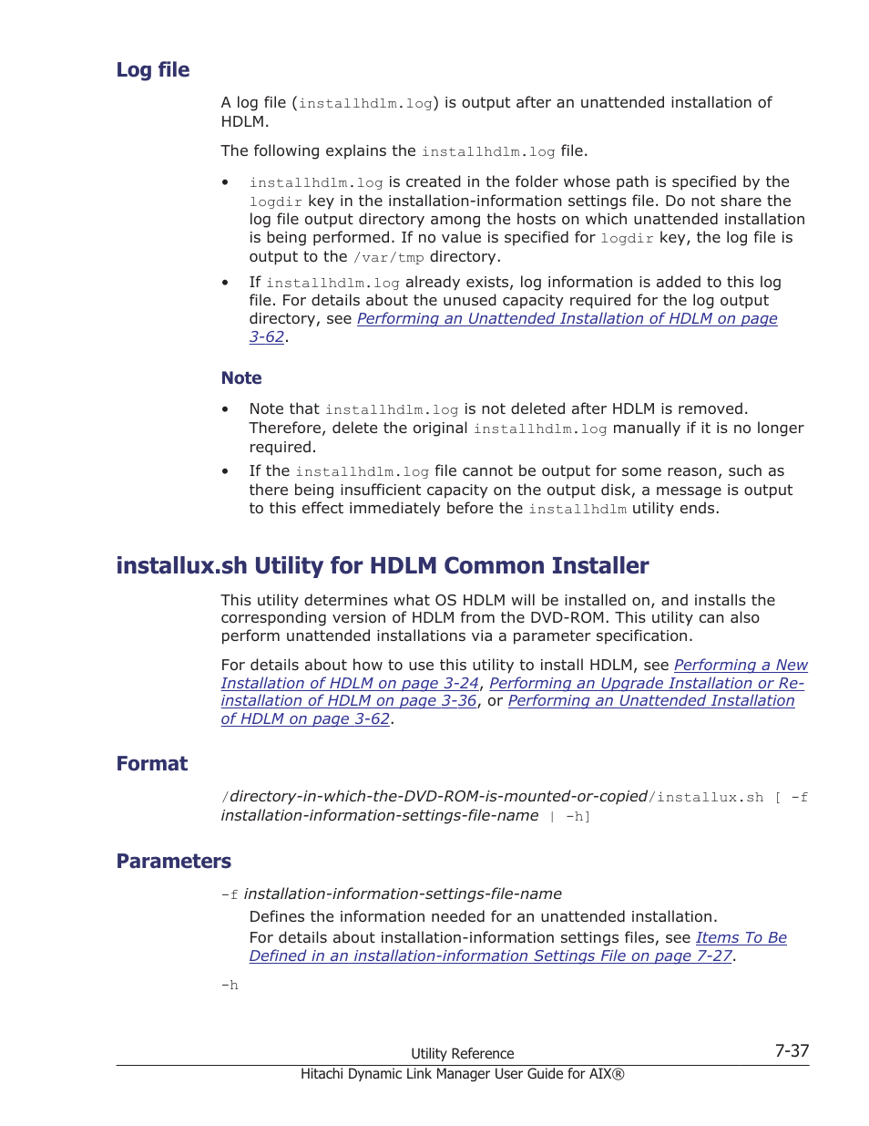 Log file, Installux.sh utility for hdlm common installer, Format | Parameters, Log file -37, Installux.sh utility for hdlm common installer -37, Format -37, Parameters -37, Details about the log file, see | HP XP Racks User Manual | Page 309 / 460