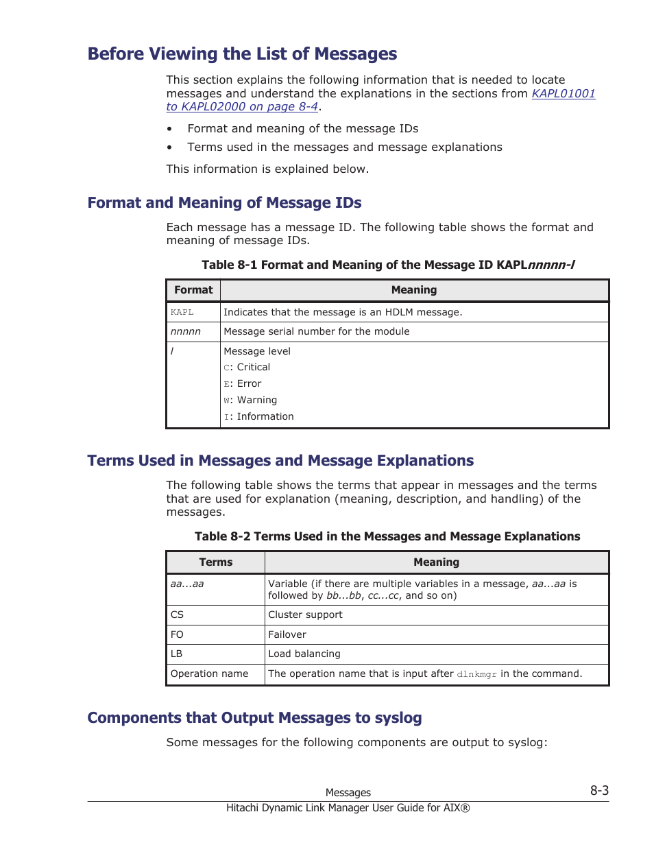 Before viewing the list of messages, Format and meaning of message ids, Terms used in messages and message explanations | Components that output messages to syslog, Before viewing the list of messages -3, Format and meaning of message ids -3, Terms used in messages and message explanations -3, Components that output messages to syslog -3 | HP XP Racks User Manual | Page 313 / 460