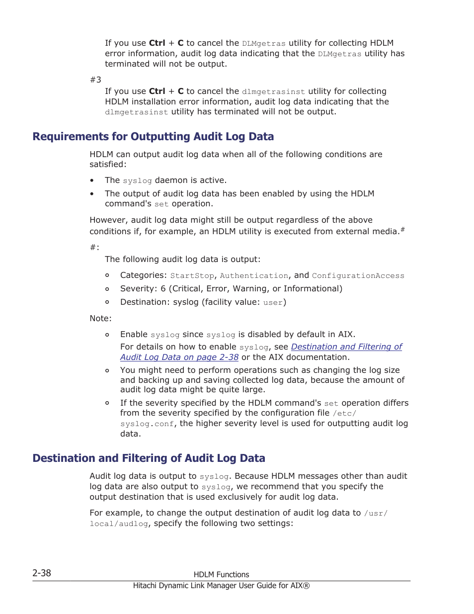 Requirements for outputting audit log data, Destination and filtering of audit log data, Requirements for outputting audit log data -38 | Destination and filtering of audit log data -38 | HP XP Racks User Manual | Page 58 / 460