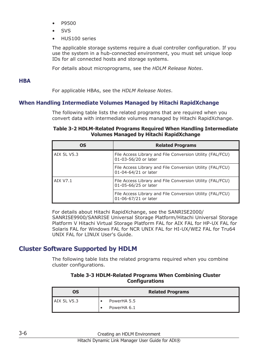 Cluster software supported by hdlm, Hba -6, Cluster software supported by hdlm -6 | HP XP Racks User Manual | Page 68 / 460