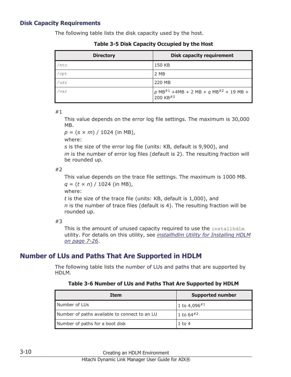 Number of lus and paths that are supported in hdlm, Disk capacity requirements -10 | HP XP Racks User Manual | Page 72 / 460