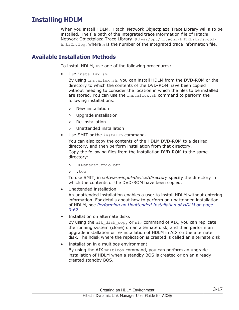 Installing hdlm, Available installation methods, Installing hdlm -17 | Available installation methods -17 | HP XP Racks User Manual | Page 79 / 460