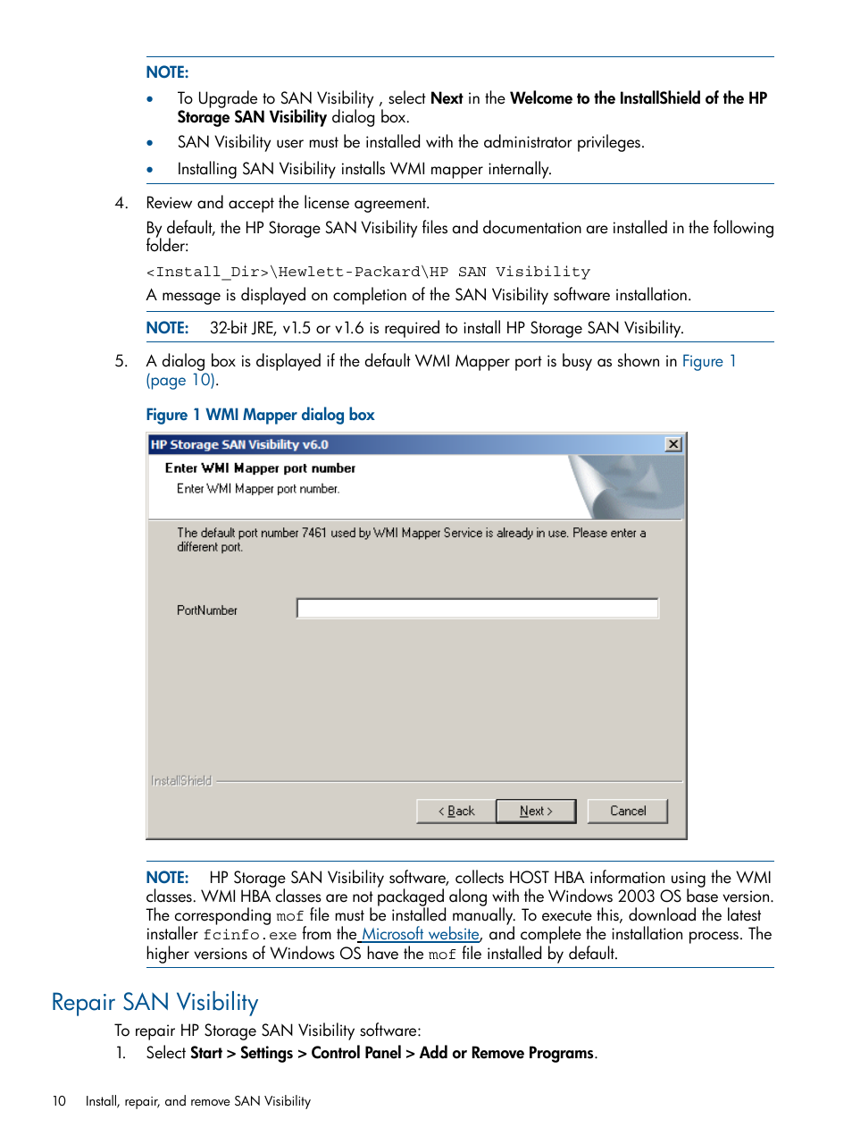 Repair san visibility, Wmi mapper dialog box | HP SAN User Manual | Page 10 / 59