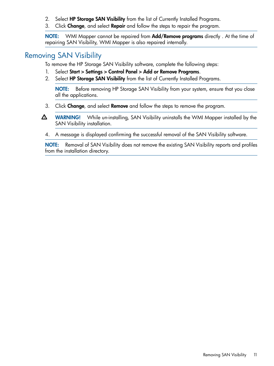 Removing san visibility | HP SAN User Manual | Page 11 / 59
