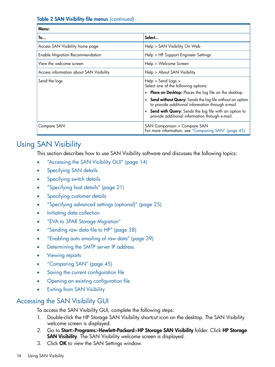 Using san visibility, Accessing the san visibility gui | HP SAN User Manual | Page 14 / 59